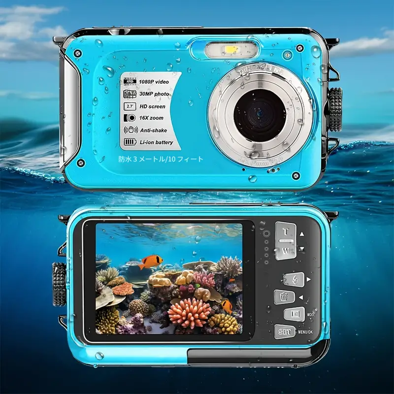 防水カメラ 10FT 水中カメラ 30MP 1080P HD ビデオ解像度 16X ズーム